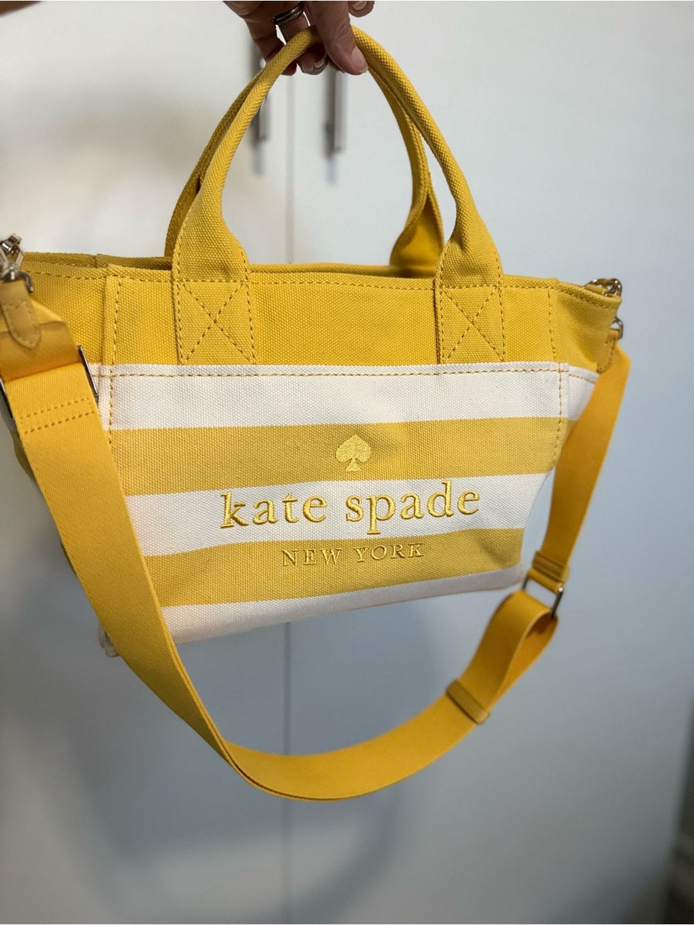 kate spade Yellow and White Striped Canvas Crossbody Tote